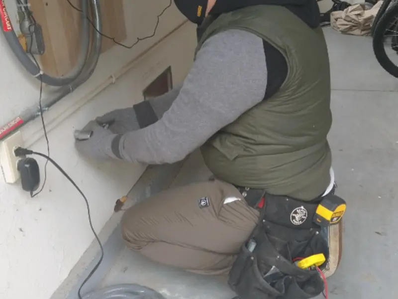 Electrician performing outlet wiring in a Jackson garage